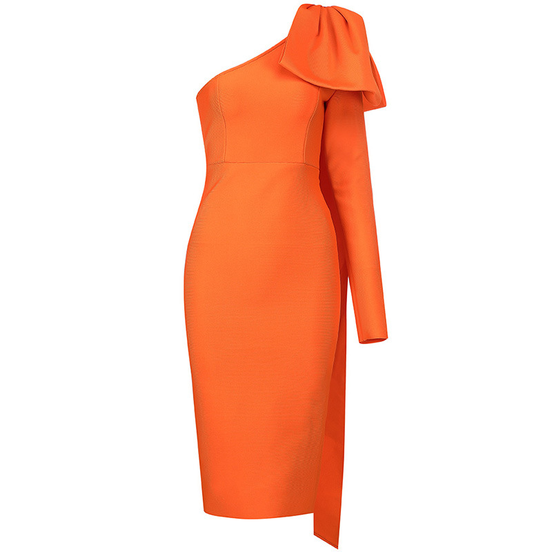 One Sleeve Knitted Bandage Dress With Diagonal Shoulder