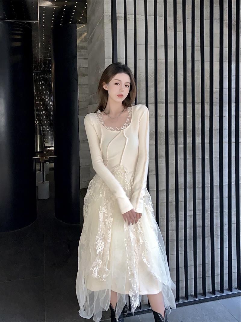 Lace Crochet Fairy Dress Winter New Temperament Long Skirt