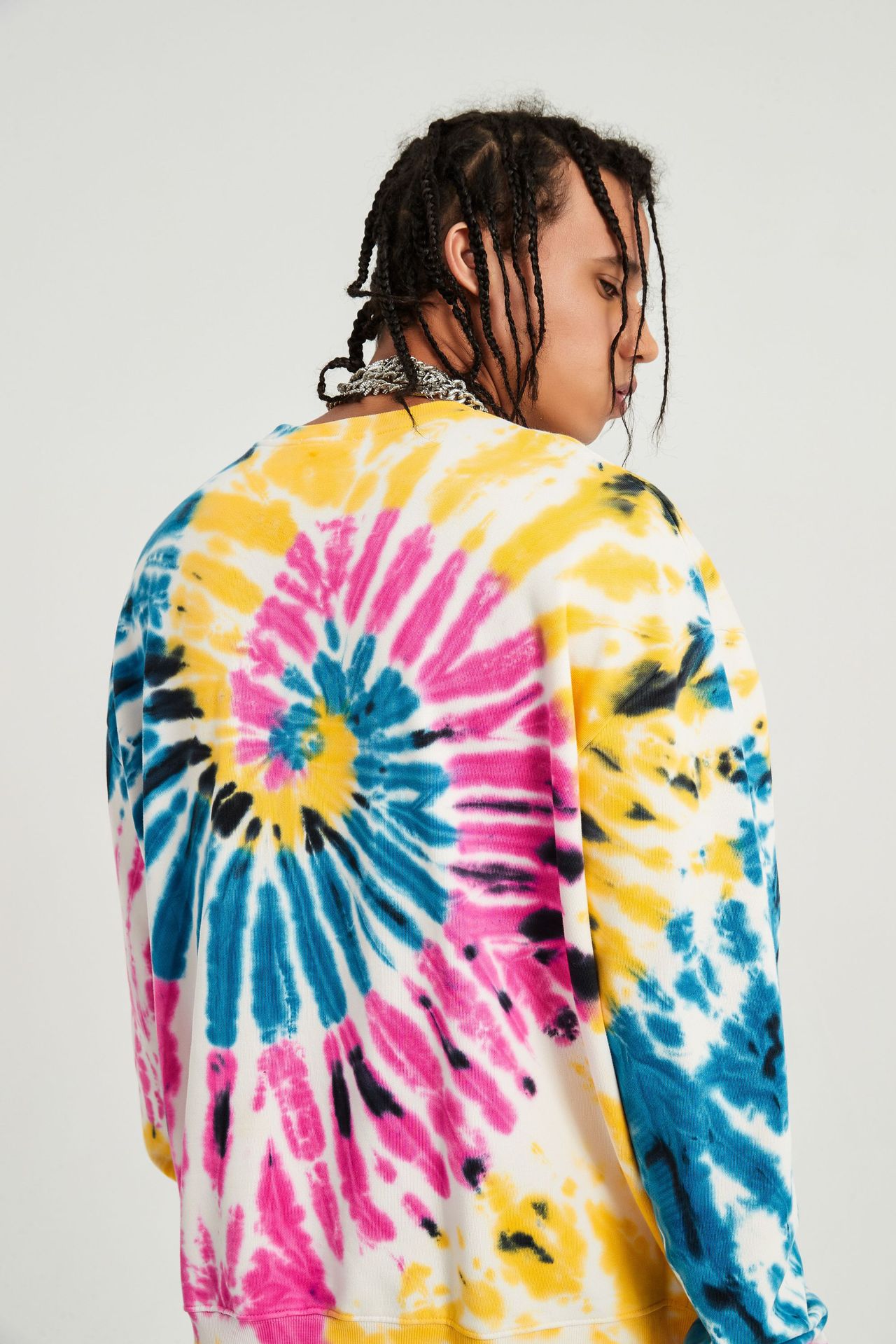 Loose Swirl Colorful Tie Dyed Round Collar Terry Sweater