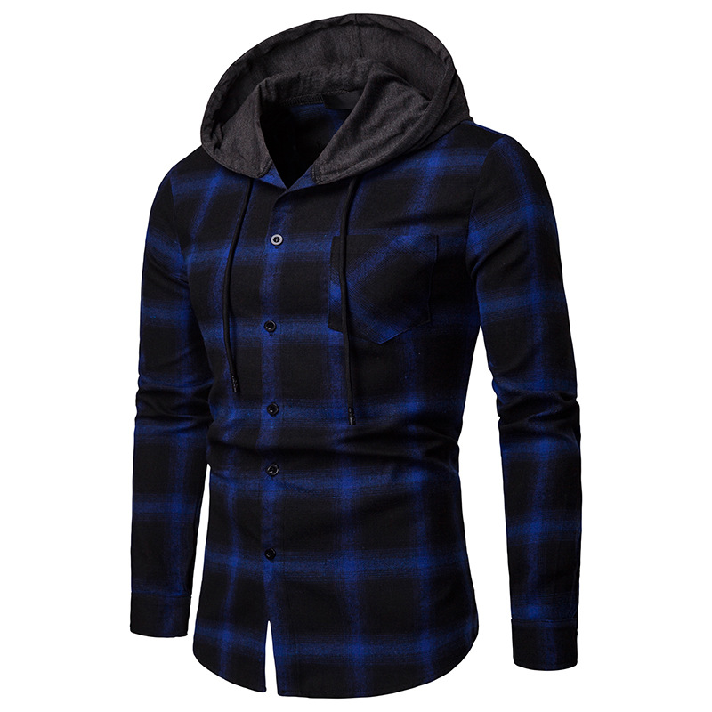Men's Business Spring And Autumn Plaid Casual Hooded Long-Sleeved Shirt