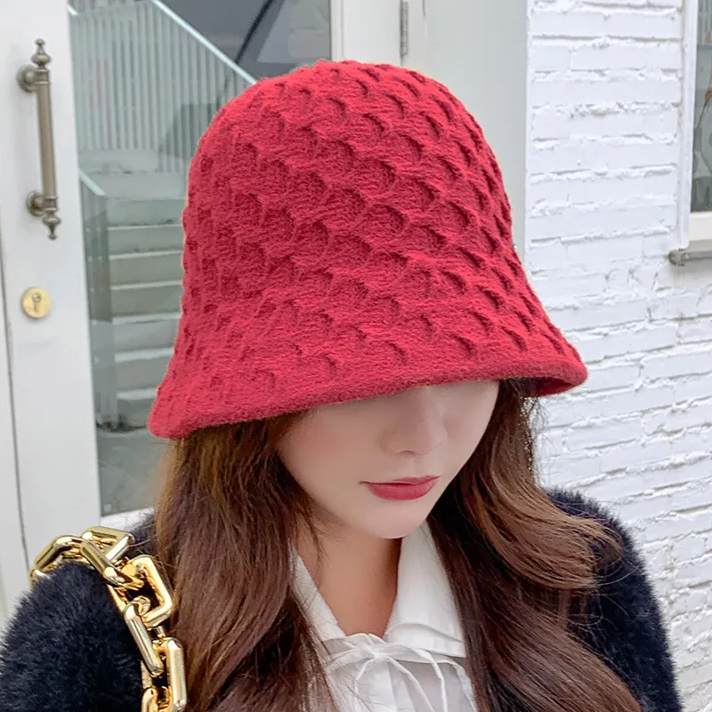 Women's Solid Color Knitted Dome Bucket Hat - Wine Red