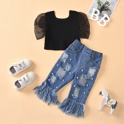 Ripped Hole Embellished Raw Edge Jeans Kids Jacket