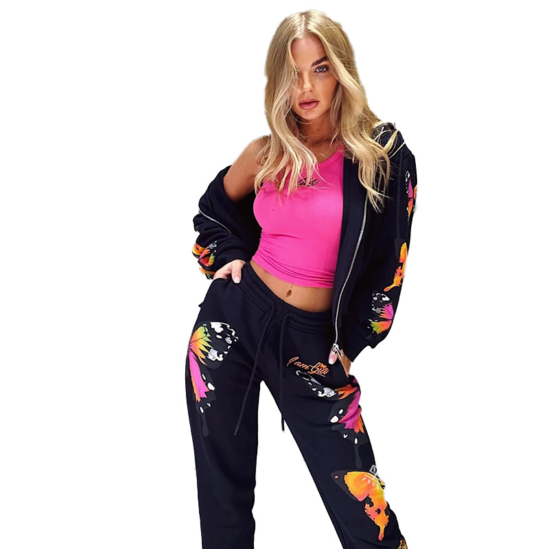 Butterfly Print Hooded Long Sleeve Pants Casual Fashion Suit