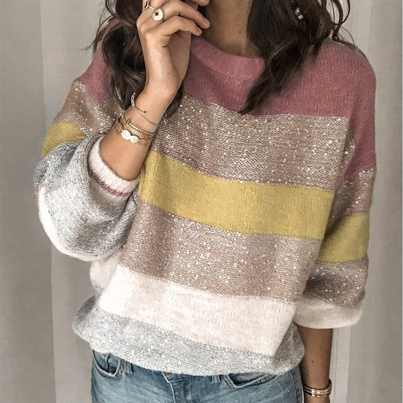 Women's Loose Round Neck Sweater Color Matching Sweater