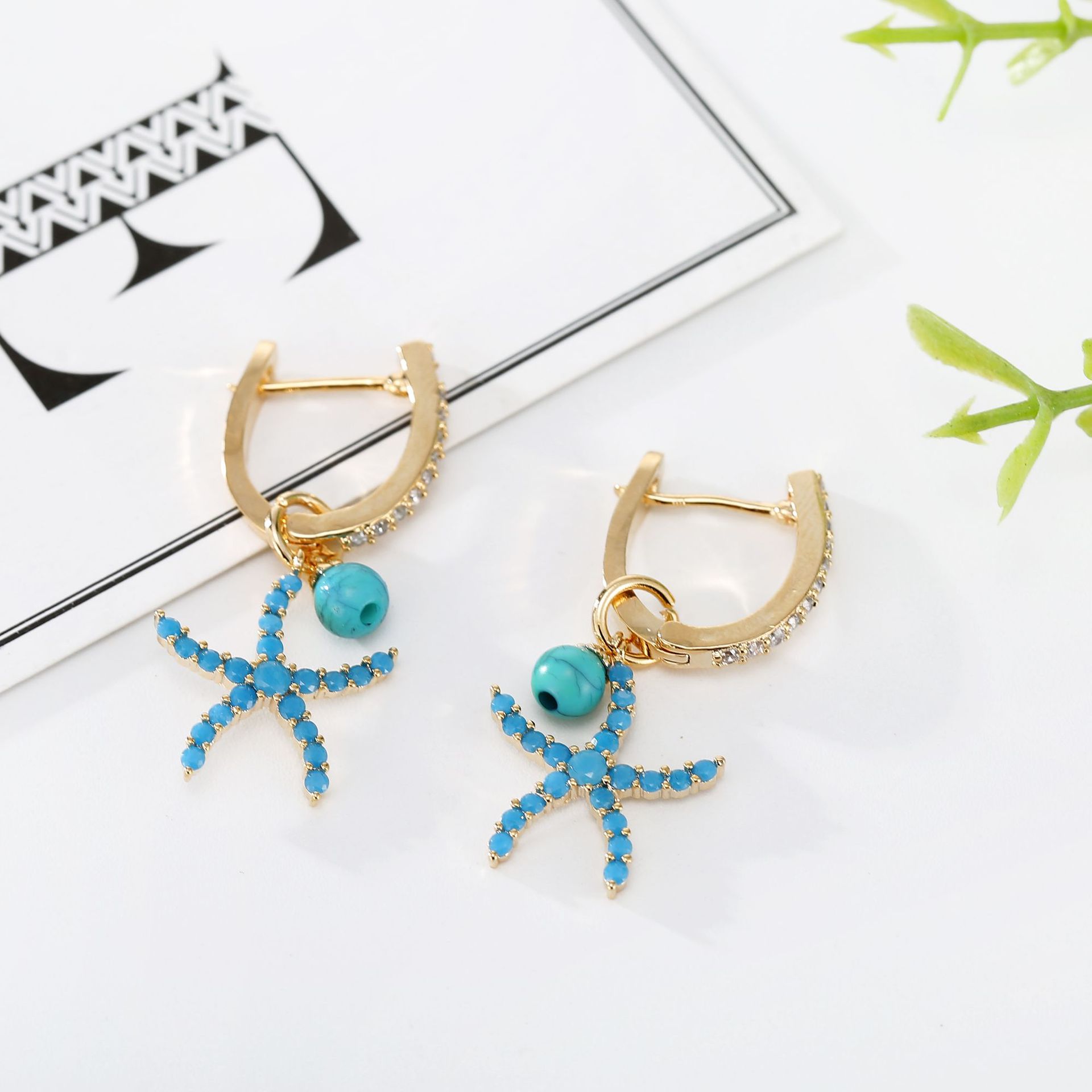 Zircon Blue Starfish Earrings Ear Buckle Women Fashion Simple