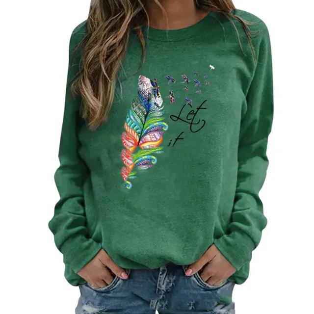 Casual Round Neck Leaf Print Women's Sweater Green - Shop at LoveMi