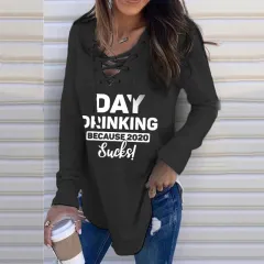 Letter Print V-Neck Long-Sleeved Loose-Fitting Sweater - Black - View 1