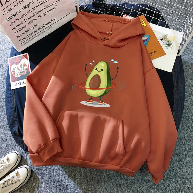 Hoodies Sporty Cartoon Avocado Print Warm New Sweatshirt Wom - Brick Red