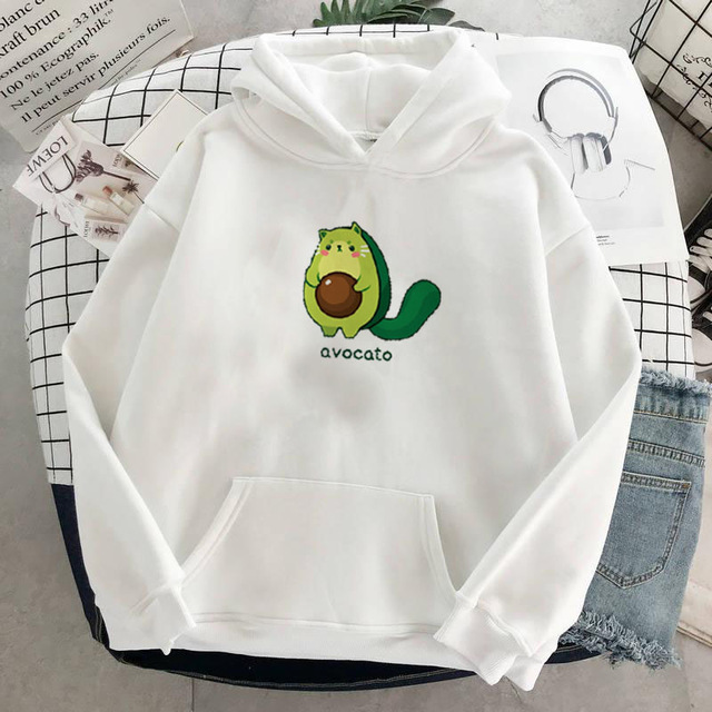 Couple White Avocado Cartoon Print Hooded Sweater