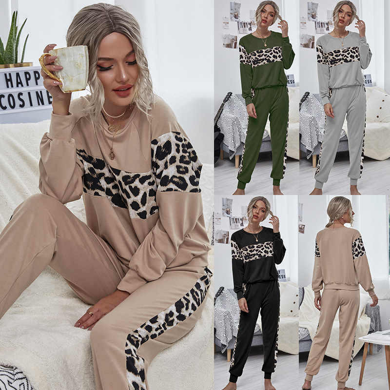 Leopard Print Stitching Long Sleeve Round Neck Pullover Suit