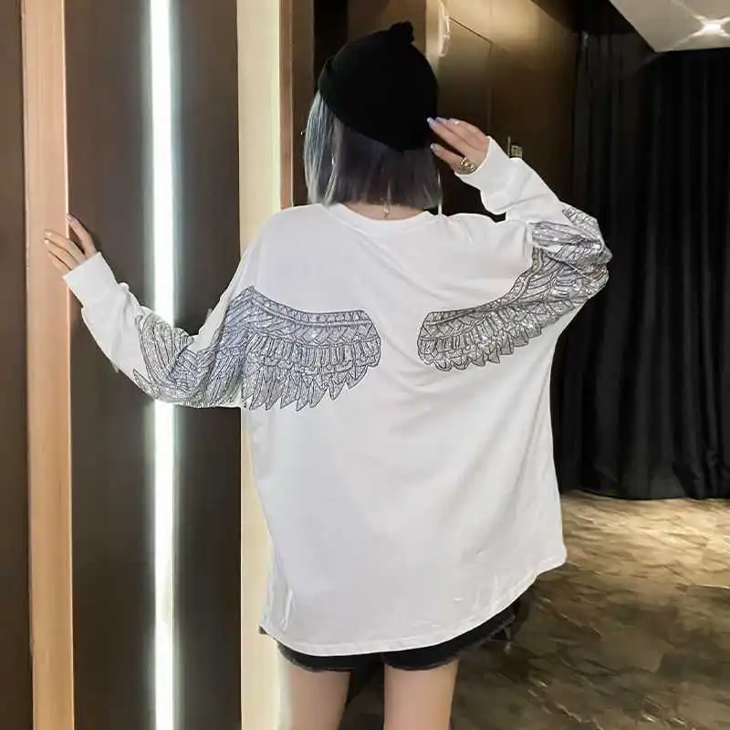 Hot Diamond Mid-Length T-Shirt Women Long Sleeves - White