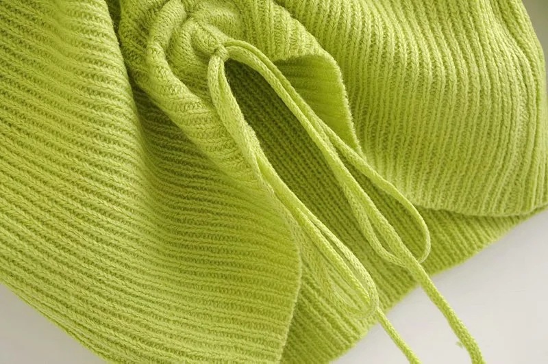 Women's Fluorescent Green Drawstring Knitted Pullover