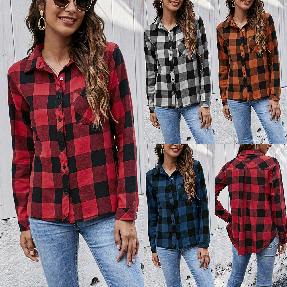 Plaid Long-Sleeved Casual Shirt Blouse Jacket