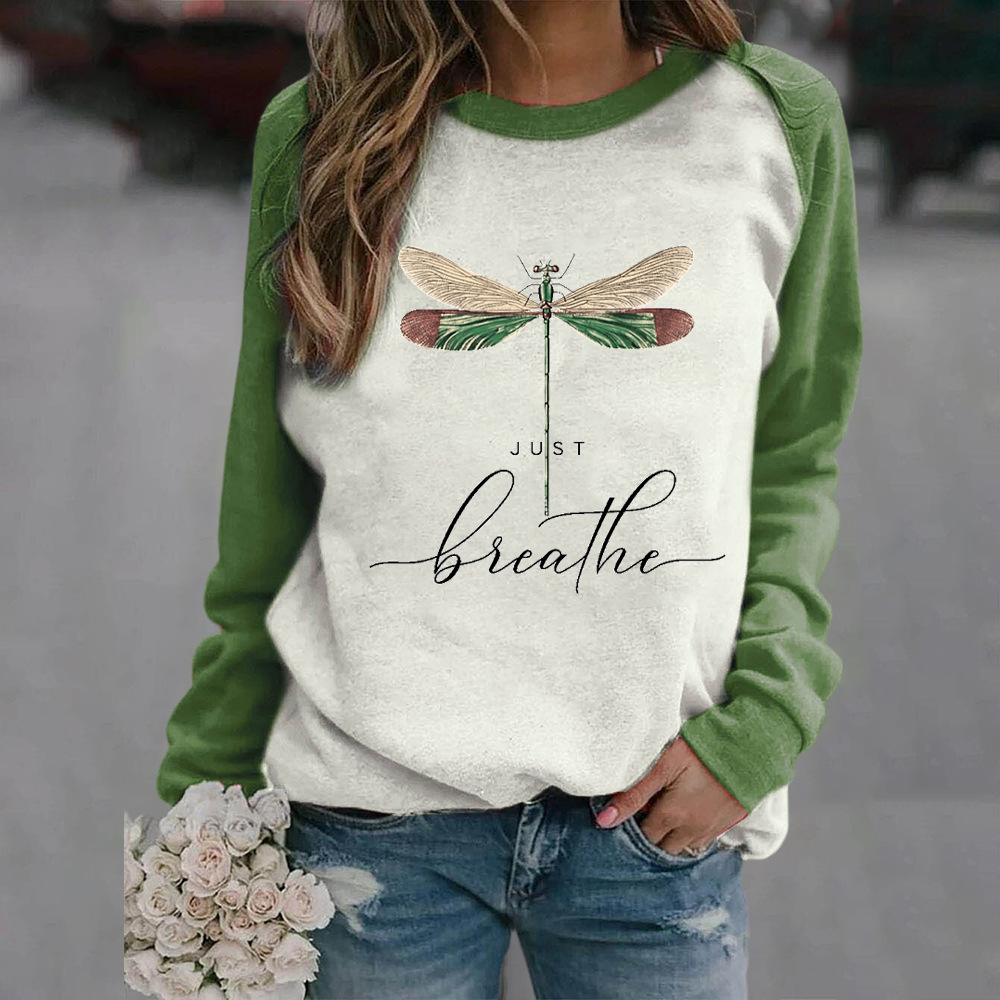 Dragonfly Print Round Neck Insert Long Sleeve Sweater