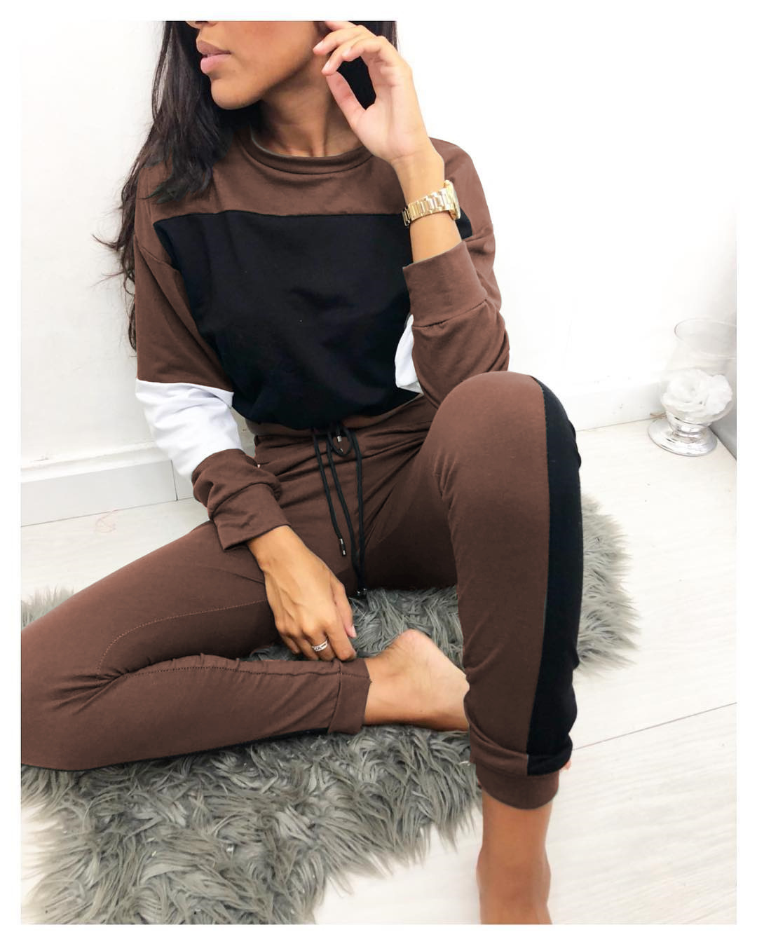 Stitching Contrast Color Top And Pants Two-piece Suit