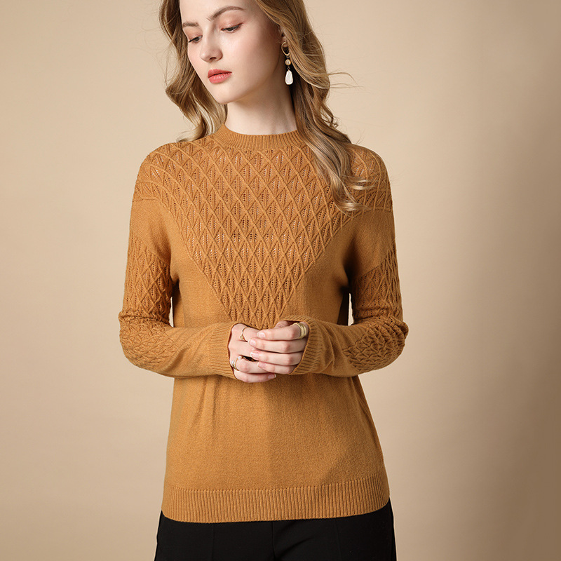Pure Color Hollow Knitted Sweater Women Half High Fashion Camel - Shop at LoveMi