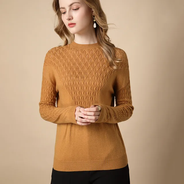 Pure Color Hollow Knitted Sweater Women Half High Fashion Camel - Shop at LoveMi