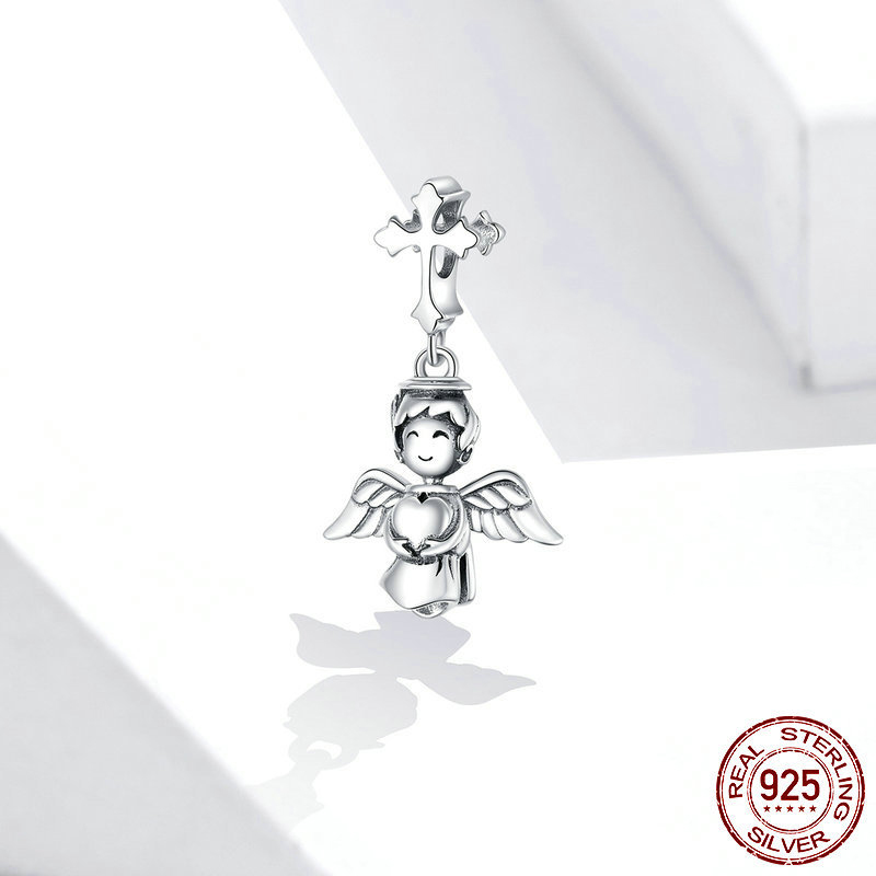 S925 Sterling Silver Angel Wings Pendant, Cross Diy Beaded