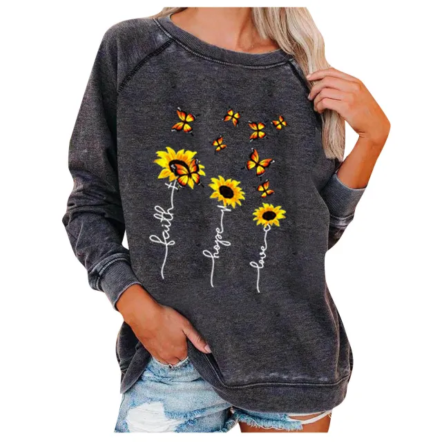 Women's Round Neck Loose Butterfly Daisy Print Sweater Dark Grey - Shop at LoveMi