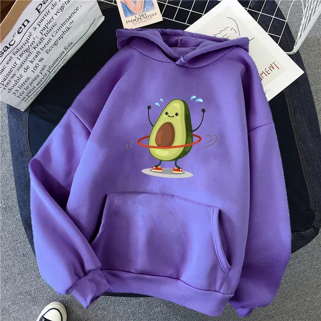 Hoodies Sporty Cartoon Avocado Print Warm New Sweatshirt Wom Purple - Shop at LoveMi