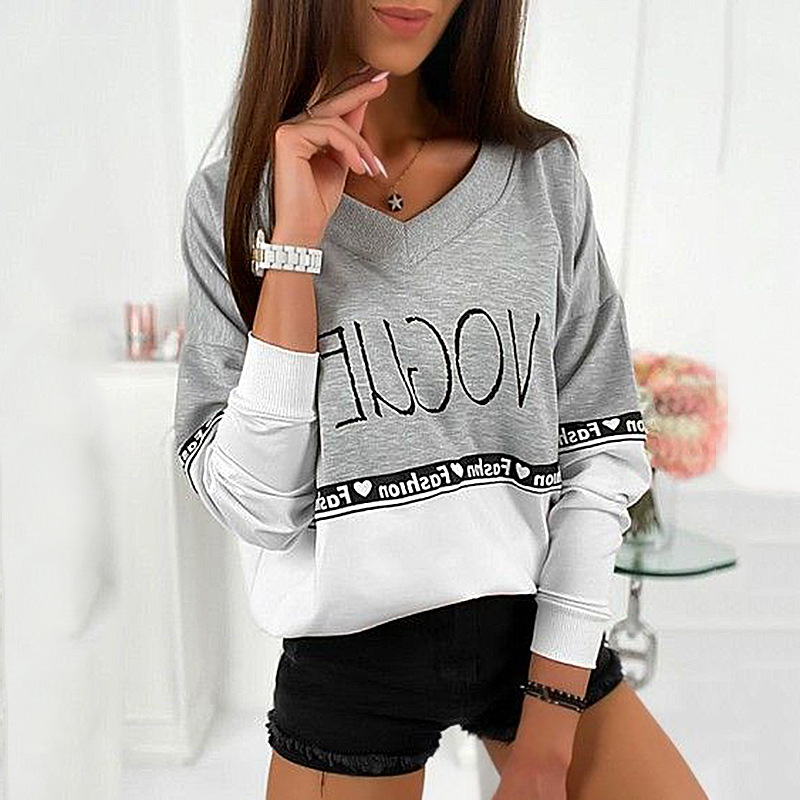 Letter Print V-Neck Long-Sleeve Stitching Sweater