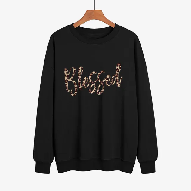 Blessed Leopard Print Long Sleeve Sweatshirt Black - Shop at LoveMi