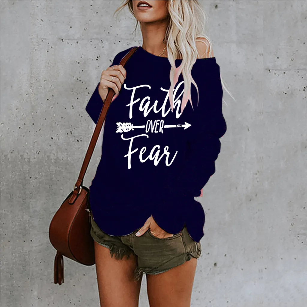 Ladies Printed Mid-length Lrregular T-shirt - Navy