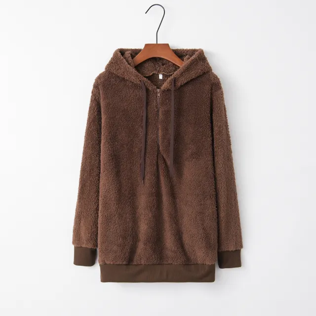 European And American Long Sleeved Hooded Solid Color Women's Sweater Sweater Coat Brown - Shop at LoveMi