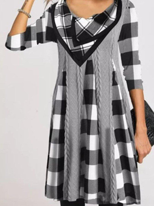 Check Print Long Sleeve Double Collar Dress