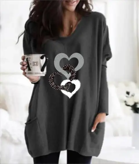 Women's Printed Pocket Round Neck Mid-leng