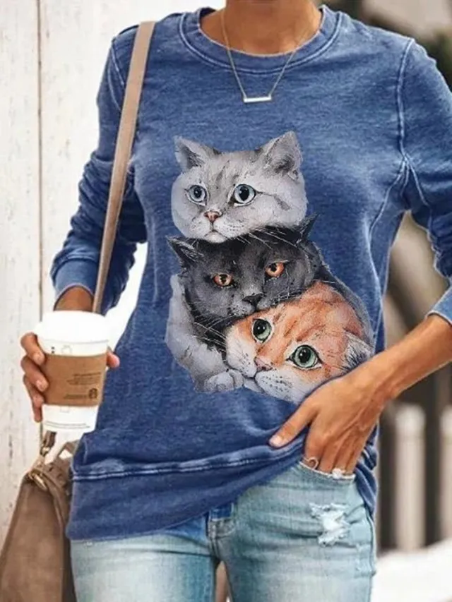 Cat Print Round Neck Long Sleeve T Shirt Sweatshirt Blue - Shop at LoveMi