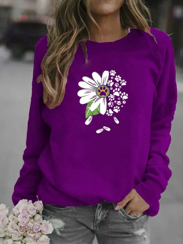 Casual Women's Blank Floral Round Neck Sweater Purple - Shop at LoveMi