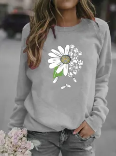 Casual Women's Blank Floral Round Neck Sweater - Grey - View 1