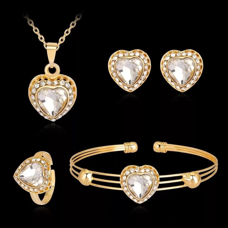 Jewelry Set Peach Heart Rhinestone Earrings Love Necklace Bridal