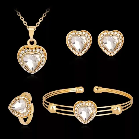 Jewelry Set Peach Heart Rhinestone Earrings Love Necklace Bridal