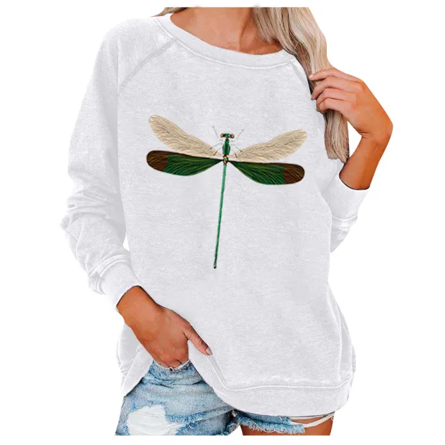 Round Neck Loose Color Dragonfly Print Sweatshirt White - Shop at LoveMi