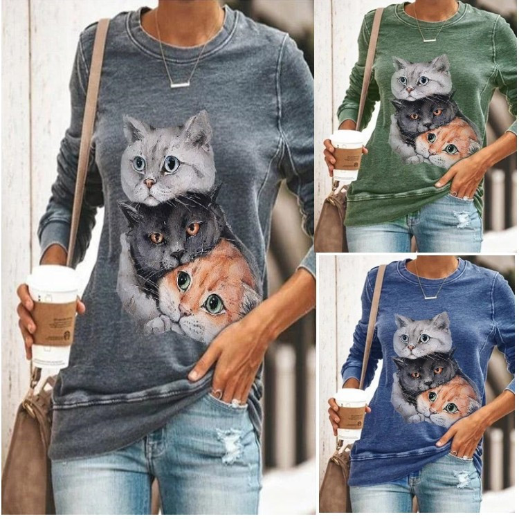 Cat Print Round Neck Long Sleeve T-Shirt Sweatshirt