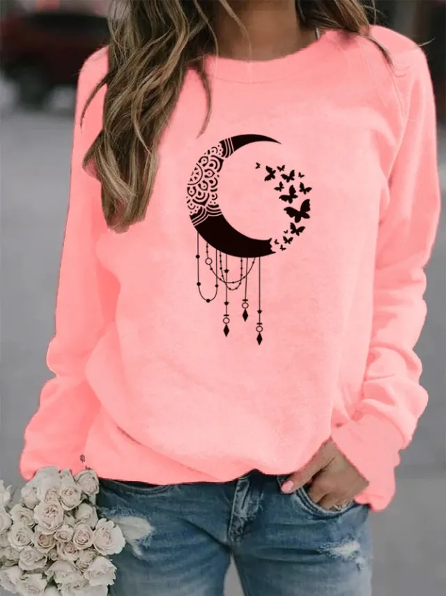 All Match Moon Print Pattern Hoodless Sweater Pink - Shop at LoveMi