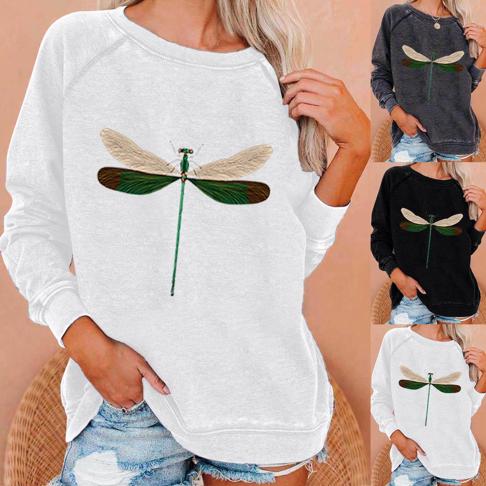 Round Neck Loose Color Dragonfly Print Sweatshirt