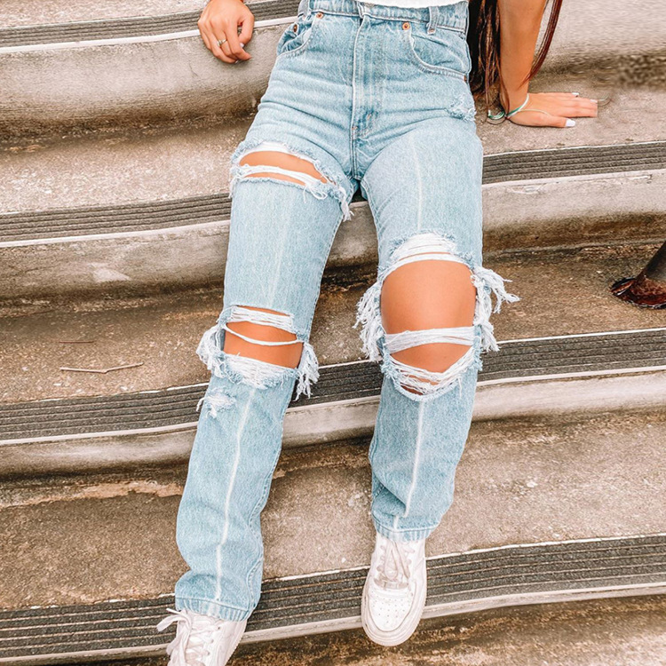 Ladies Denim Pants with Ripped Holes Women's Pants Denim Blue - Shop at LoveMi
