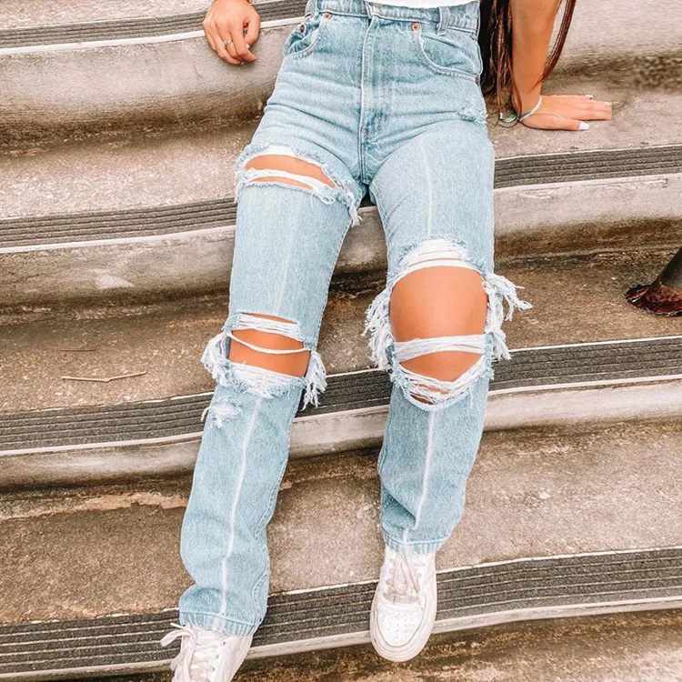 Ladies Denim Pants with Ripped Holes Women's Pants - Denim Blue