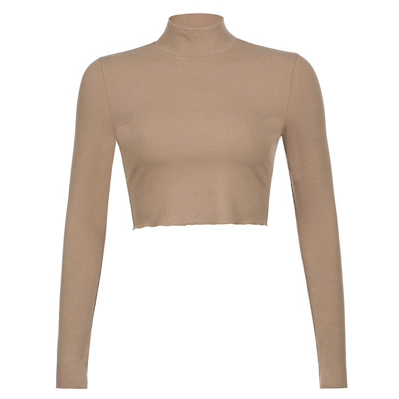 Stretch Rib Solid Color Long-Sleeved T-Shirt Half-High Collar Slim Bottoming Top Winter