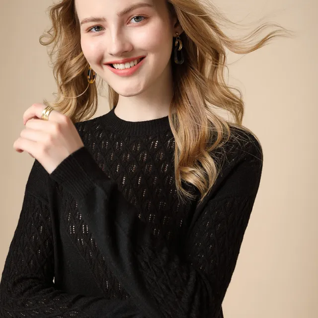 Pure Color Hollow Knitted Sweater Women Half High Fashion Black - Shop at LoveMi