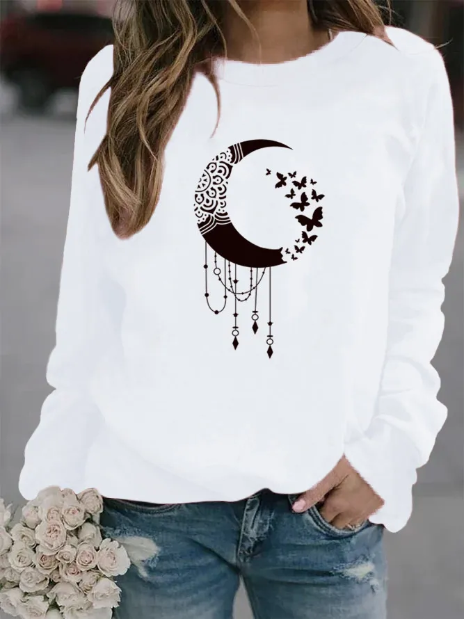 All-Match Moon Print Pattern Hoodless Sweater - White