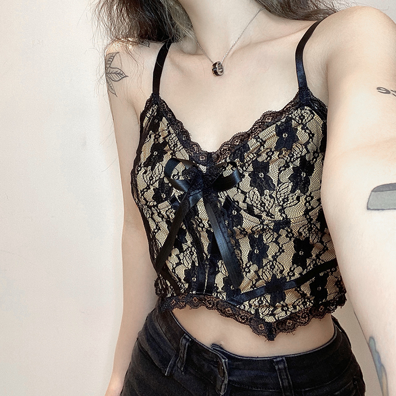 Small Sling Lace Design Bow Short Top Women