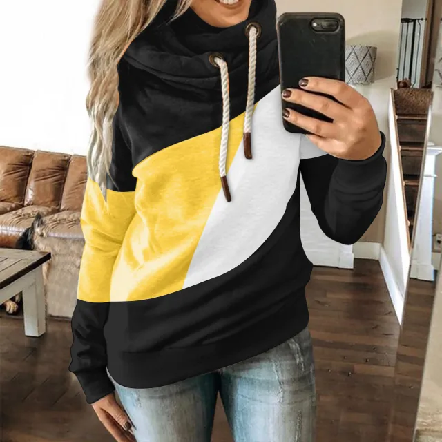 Tri color Patchwork Belted Hoodie With Long Sleeves Black - Shop at LoveMi