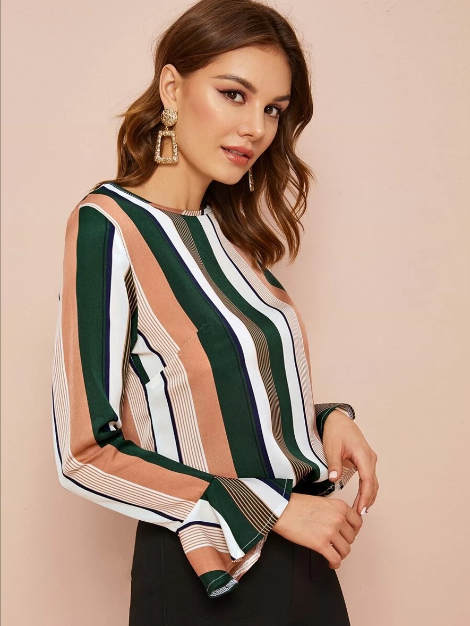 Striped Flared Sleeve Long Sleeve Chiffon Shirt