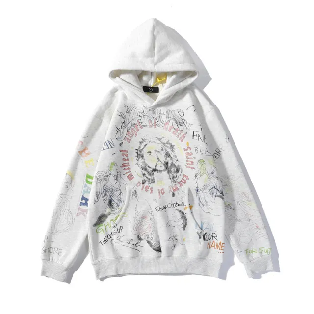 Autumn And Winter Casual Graffiti Hooded Sweater White Sand Grey - Shop at LoveMi