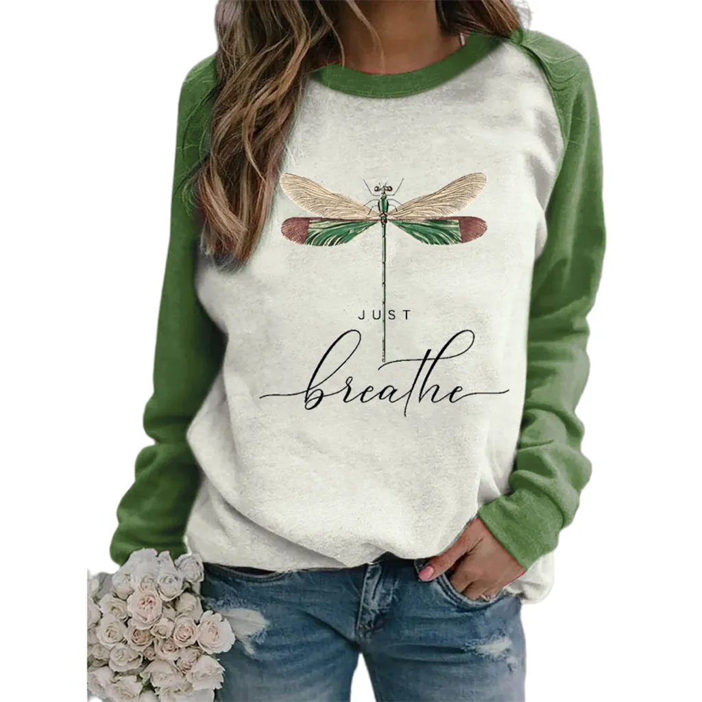 Dragonfly Print Round Neck Insert Long Sleeve Sweater - A-L