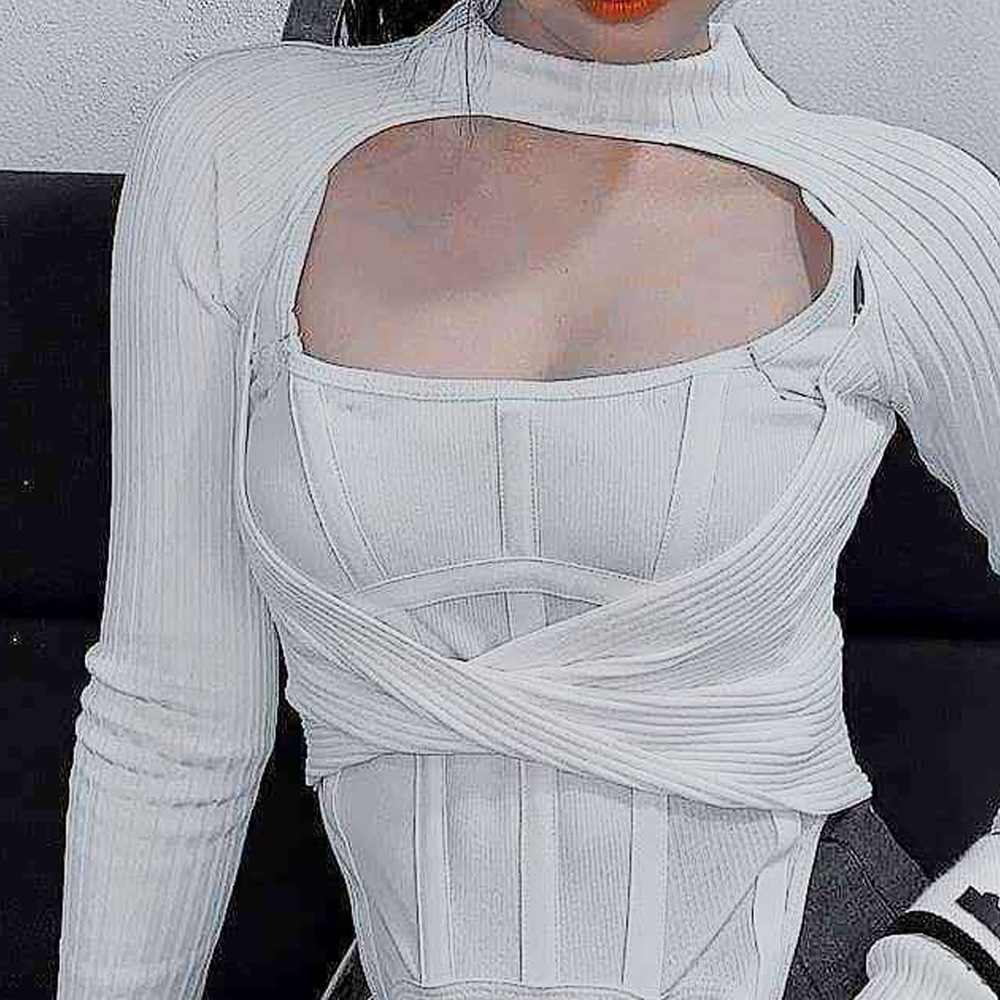 Sexy Hollow Hollow Top Slim Navel Short Long Sleeve Wrapped T-Shirt